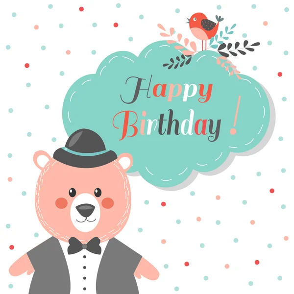 Happy birthday card with cute bear and little bird — Stock Vector