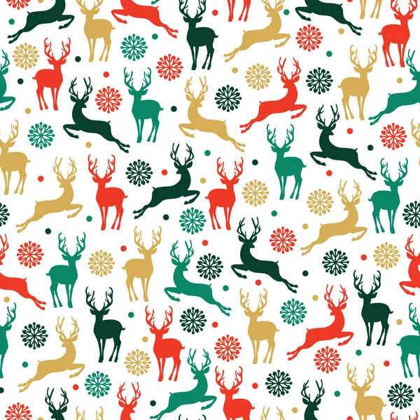 Modèle sans couture de Noël avec des cerfs, traîneau de rennes, arbre de Noël, flocon de neige et cadeaux — Image vectorielle
