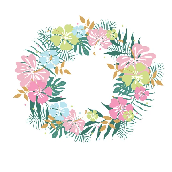 Couronne florale avec fleurs hawaïennes et feuilles de palmiers — Image vectorielle