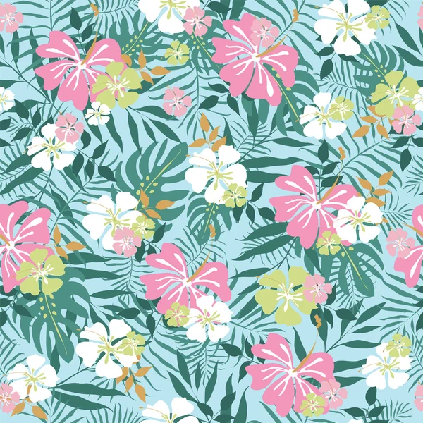 꽃과 야자수 leafes 하와이 원활한 패턴 — 스톡 벡터