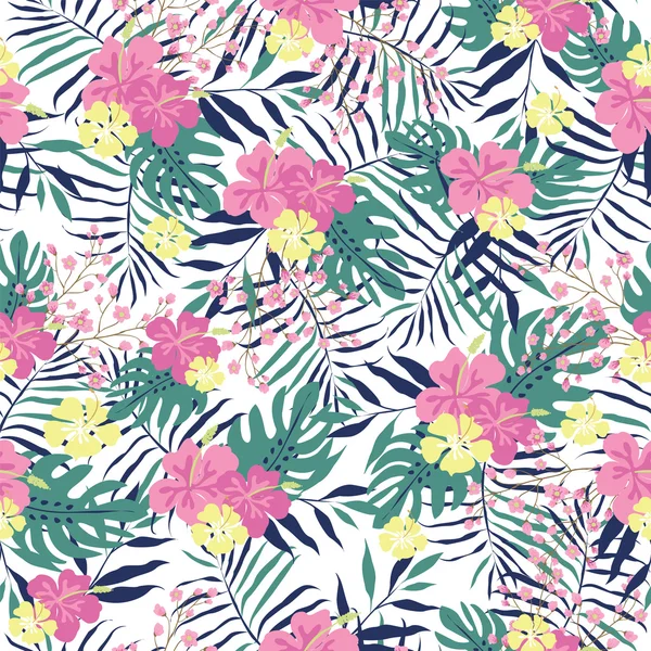 꽃과 야자수 leafes 하와이 원활한 패턴 — 스톡 벡터