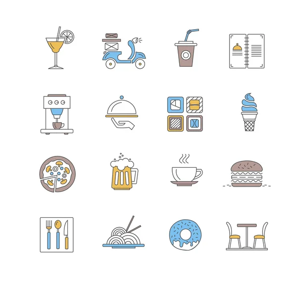 Conjunto de iconos de línea delgada. Iconos para restaurante, comida rápida, cafetería y comida a domicilio . — Vector de stock