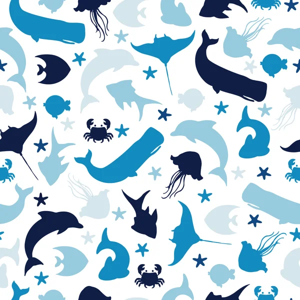 Patrón sin costuras con peces submarinos, delfines, ballenas azules y cangrejos Gráficos vectoriales