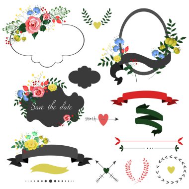 Grafik düğün çiçek, oklar, Kalpler, çelenk, çerçeve ayarla
