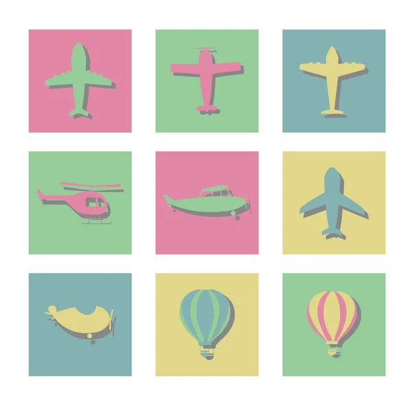 Flygplan, helikoptrar och ballonger. Vektor ikoner — Stock vektor
