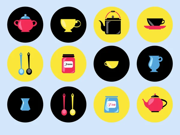 Iconos planos. Utensilios de cocina: hervidor de agua, sartenes, rodillo, tazas, gla — Vector de stock