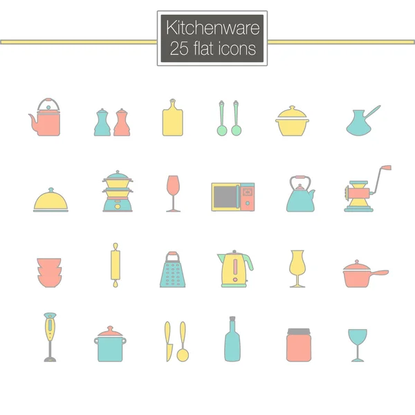 Utensilios de cocina iconos de línea plana. utensilios de cocina y electrodomésticos — Vector de stock