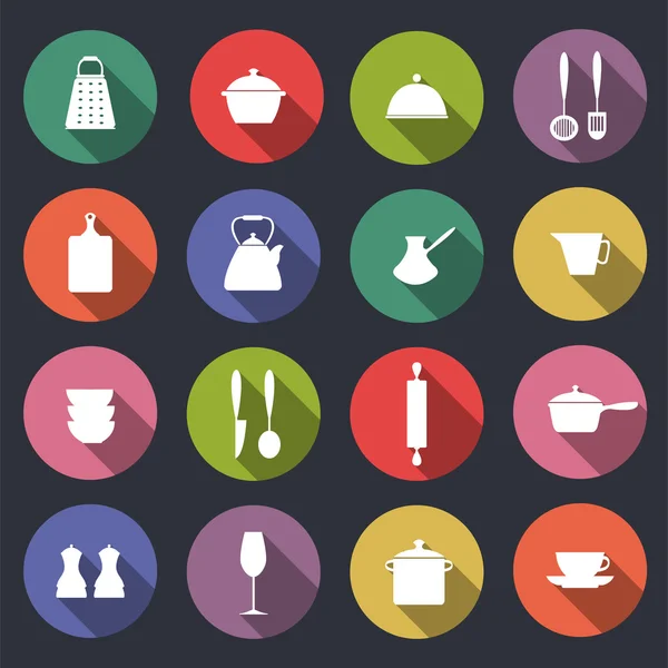 Iconos planos. Utensilios de cocina: hervidor de agua, sartenes, rodillo, tazas, gla — Vector de stock