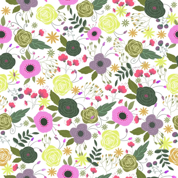 Floral seamless pattern with pink flowers and branches — Stock Vector