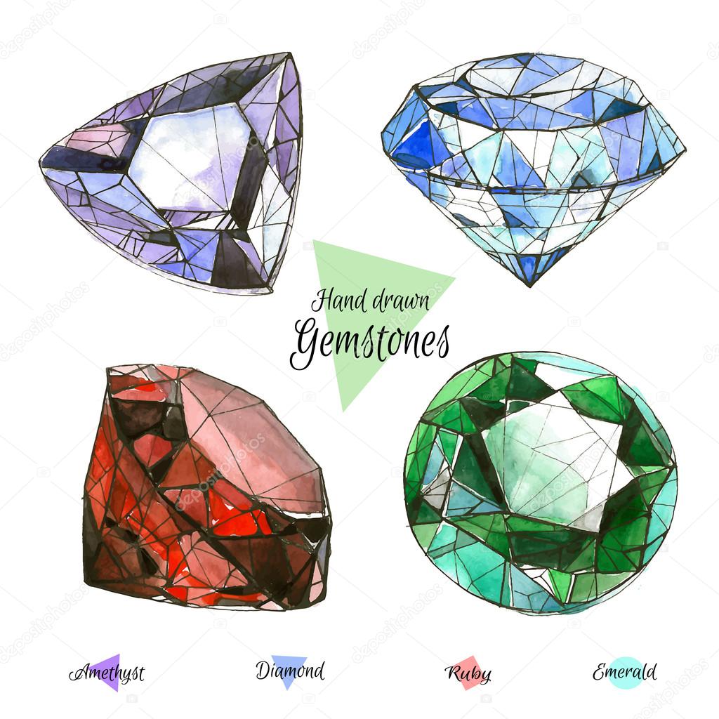 Hand drawn watercolor gemstones