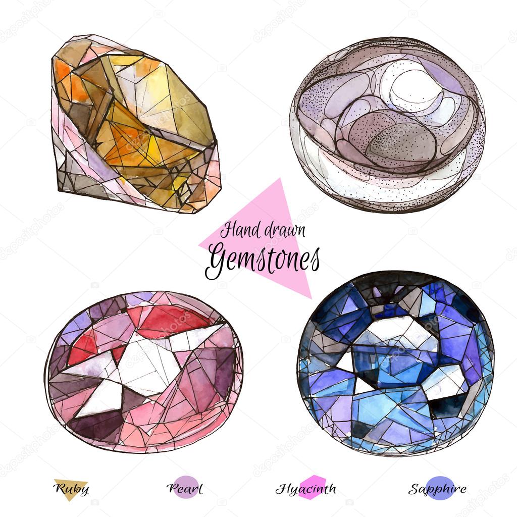 Hand drawn watercolor gemstones