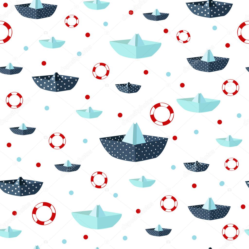 Cute seamless pattern with color paper boats. Vector illustratio