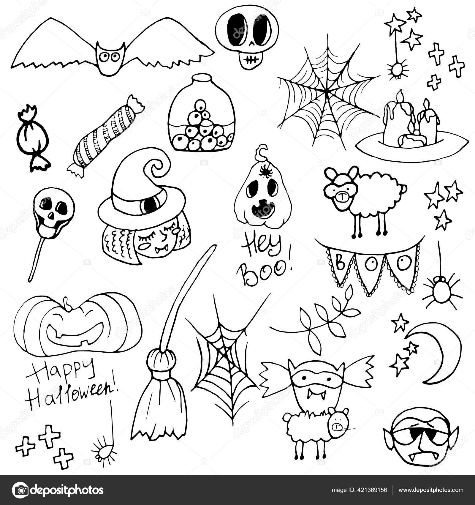 Elementos de desenho animado de halloween e letras boo line art