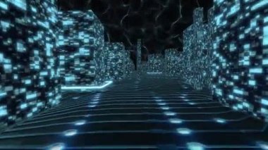 Sai-fi mavi arka plan, sanal şehrin üzerinde uçmak - çipler ve parlayan sinyaller ile elektronik tahta