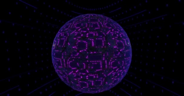 Konsep digital violet 3D, sphere planet dengan papan sirkuit dan cpu. Jaringan saraf digital. Riak daya CPU — Stok Video