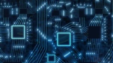 Bilimkurgu dijital mavi arkaplan, çipli yazdırılmış devre kartı ve 3d ikili veri oluşturma özelliği