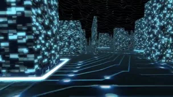 Fondo azul Sai-fi, volando sobre la ciudad virtual tablero electrónico con chips y señales brillantes — Vídeos de Stock