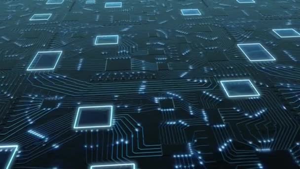 Axonometric Sci-Fi цифровий синій фон, друкована плати з чипами і електронними сигналами 3d рендерити двійкові дані — стокове відео