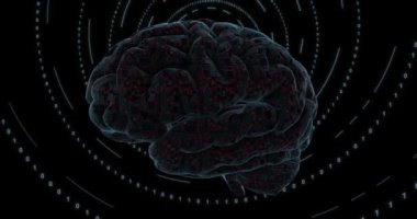 3D mavi dijital beyin devre kartı ve işlemciyle kaplı. Dijital sinir ağı. Beyin enerjisi kırmızı nabız