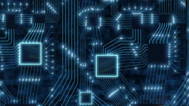 Sci-Fi digital blå bakgrund, tryckt kretskort med chips och elektroniska signaler 3D render binära data — Stockvideo