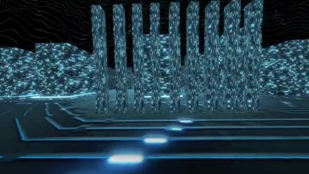 Sai-fi fundo azul, voando sobre a cidade virtual placa eletrônica com chips e sinais brilhantes — Vídeo de Stock