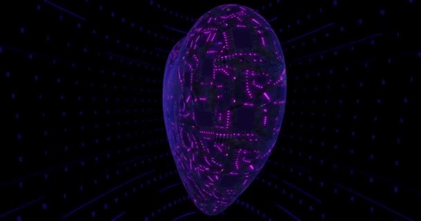 Latar belakang digital ungu 3D, jantung dengan papan pemasangan dan chip. Jaringan saraf digital. Pulsasi energi CPU — Stok Video