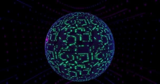Konsep digital 3D, planet bola dengan papan sirkuit dan cpu. Jaringan saraf digital. Riak daya CPU — Stok Video