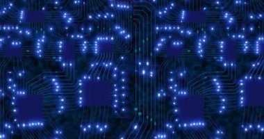 Yeşil ışıkları hareket ettiren ve mavi arka planda basılı devre kartı taklidi yapan soyut teknoloji kavramı. İş için internet teknolojileri.