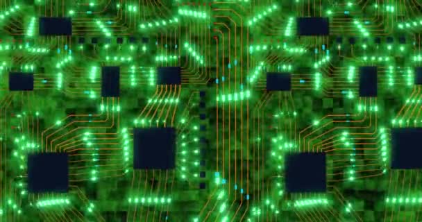 緑のライトを動かし、青色の背景にプリント基板を模倣した抽象技術の概念。ビジネスのためのインターネット技術. — ストック動画