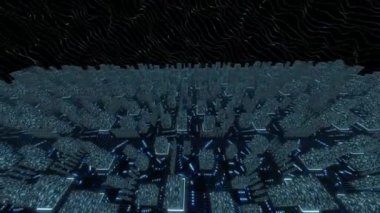 Sai-fi mavi arka plan, sanal şehrin üzerinde uçmak - çipler ve parlayan sinyaller ile elektronik tahta