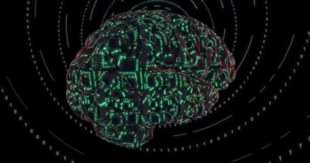 3D绿色数字背景，人脑由pcb板和芯片构建。数字神经网络。脑能量脉动 — 图库视频影像