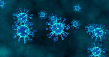 Coronavirus hücreleri. Mikroskop altında solunum enfeksiyonlarına neden olan bir virüs grubu. 3B görüntüleme, 3B resimleme