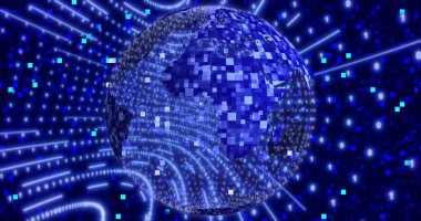 Gezegen Dünya 'nın dönen Neon Dijital ikili arkaplanı. ağ için animasyon, büyük veri, veri merkezi, dijital olay. 3B illüstrasyon