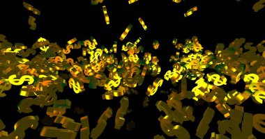 Siyah arkaplana düşen üç boyutlu altın semboller. Parti, finansal etkinlik geçmişi. 3 Boyutlu Hazırlama