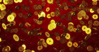 Golden Chinese coins. Red New Year background. clipart