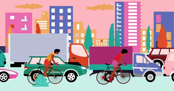 Афроамериканские Велосипедисты Едут Велосипеде Дороге Пробками Городе Мультфильм Плоский Дизайн — стоковое фото