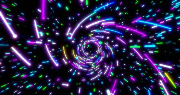 发光的霓虹灯线隧道 紫色的彩灯 太空中的荧光紫外线灯 虚拟实境设计3D演示 — 图库照片