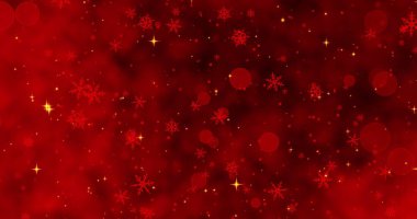 Kırmızı konfeti, kar taneleri ve kırmızı Noel arka planında Bokeh ışıkları. 3B illüstrasyon
