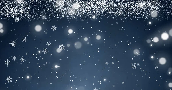 Copos Nieve Confeti Blancos Luces Bokeh Rayos Luz Sobre Fondo — Foto de Stock