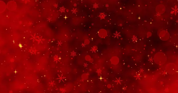 Kırmızı konfeti, kar taneleri ve kırmızı Noel arka planında Bokeh ışıkları. 3B illüstrasyon