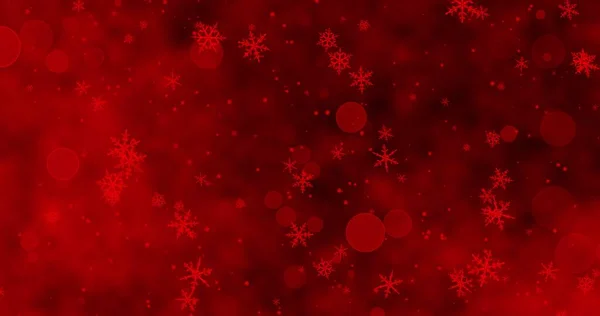 Kırmızı konfeti, kar taneleri ve kırmızı Noel arka planında Bokeh ışıkları. 3B illüstrasyon