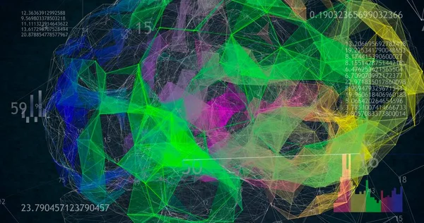 Low Polygonal Brain Model Black Background Animated Numbers Diagrams — Stock Photo, Image