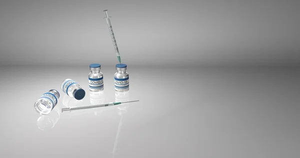 Şişe koronavirüs aşısı COVID-19. Işık arka planında sars-cov-2 aşısı ve şırınga bulunan cam şişeler. — Stok fotoğraf