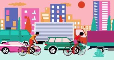 Afrikalı Amerikalı bisikletçiler şehirde trafik sıkışıklığı olan yolda bisiklet sürüyorlar. Çizgi film, düz tasarım, 3 boyutlu illüstrasyon