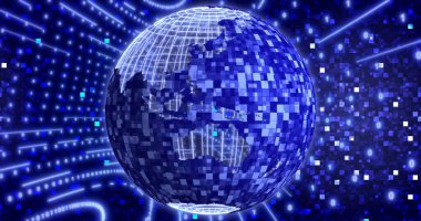 Gezegen Dünya 'nın dönen Neon Dijital ikili arkaplanı. ağ için animasyon, büyük veri, veri merkezi, dijital olay. 3B illüstrasyon