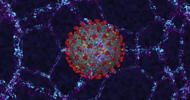 Coronavirus hücre COVID-19 neon moleküler yapı arka planına yakın çekim. Hastalık animasyonunu yaymak. 3B görüntüleme