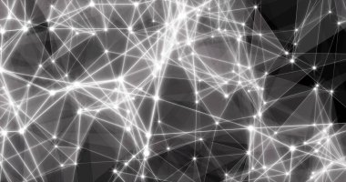 Üçgenler, noktalar ve çizgiler sığ bir alan derinliğinden arka plana doğru sığ bir alan bağlantısı oluşturuyor. 3B illüstrasyon