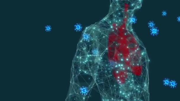 Χαμηλό poly animation της περιστροφής του σώματος με γερανούς και πνεύμονες από τελείες και γραμμές σε μπλε φόντο για τεχνητή νοημοσύνη. Φουτουριστικό έννοια της ψηφιακής επιστήμης με χώρο αντιγραφής. — Αρχείο Βίντεο