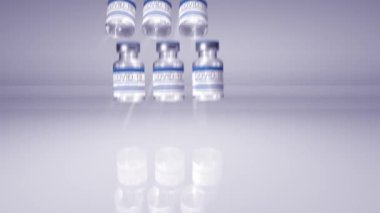 Şişe koronavirüs aşısı COVID-19. İçinde sars-cov-2 aşısı olan cam şişeler. pürüzsüz 3d döngü oluşturucu