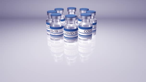 Şişe koronavirüs aşısı COVID-19. İçinde sars-cov-2 aşısı olan cam şişeler. Video düzenleme için pürüzsüz 3d döngü, video düzenleme için döngü, döngü — Stok video